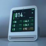 Monitor de calidad de aire mostrando niveles de CO2 en pantalla sobre un escritorio