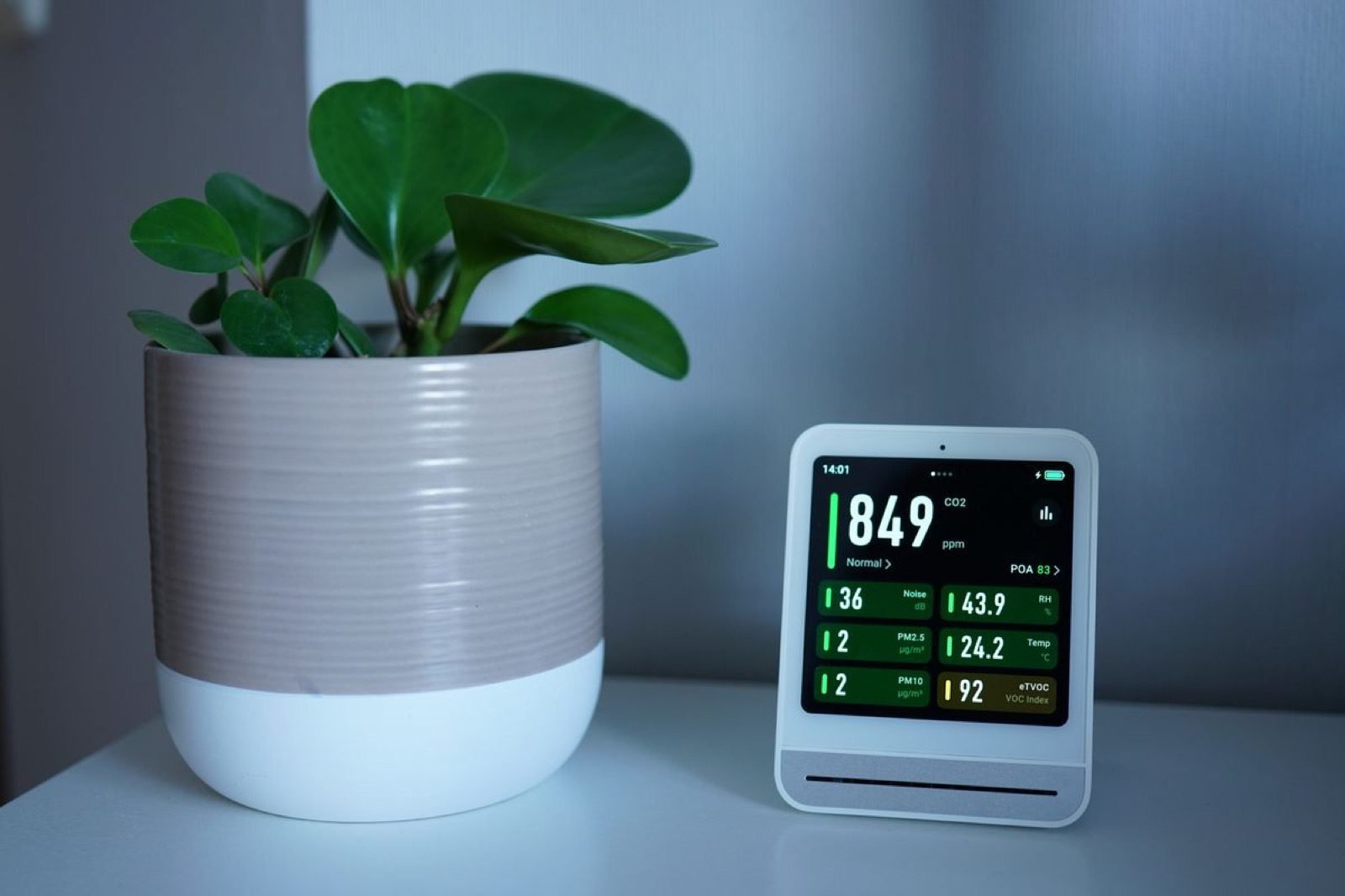 Monitor de CO2 junto a una planta de interior sobre una mesa